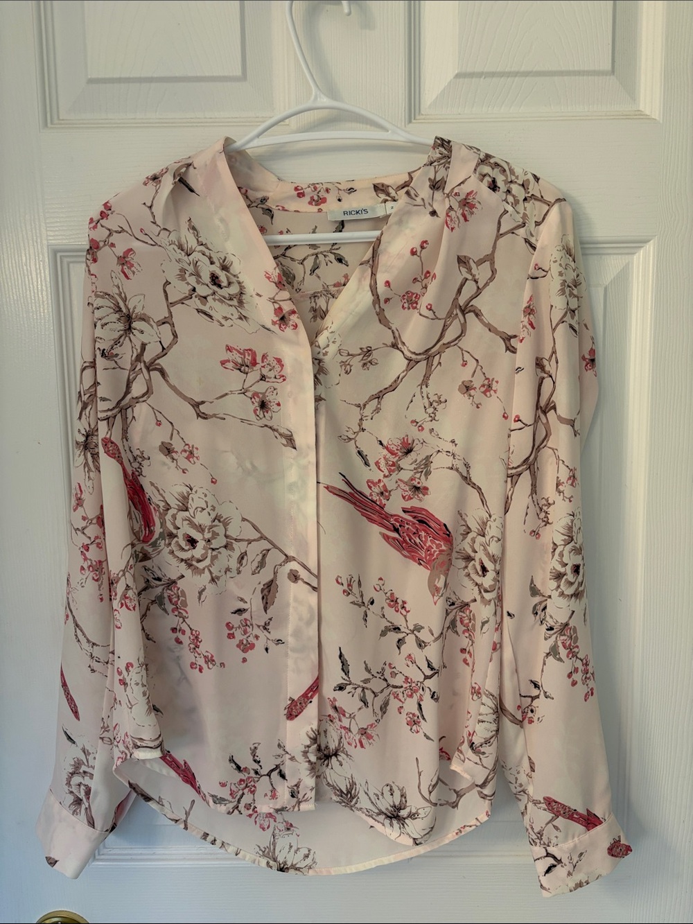 Ricki's Cream and Pink Floral Bird Button-Front Blouse